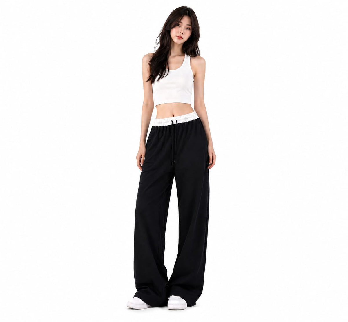 Black Wide-Leg Trousers with Contrast White Waistband