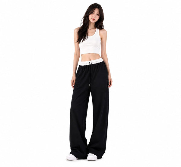 Black Wide-Leg Trousers with Contrast White Waistband