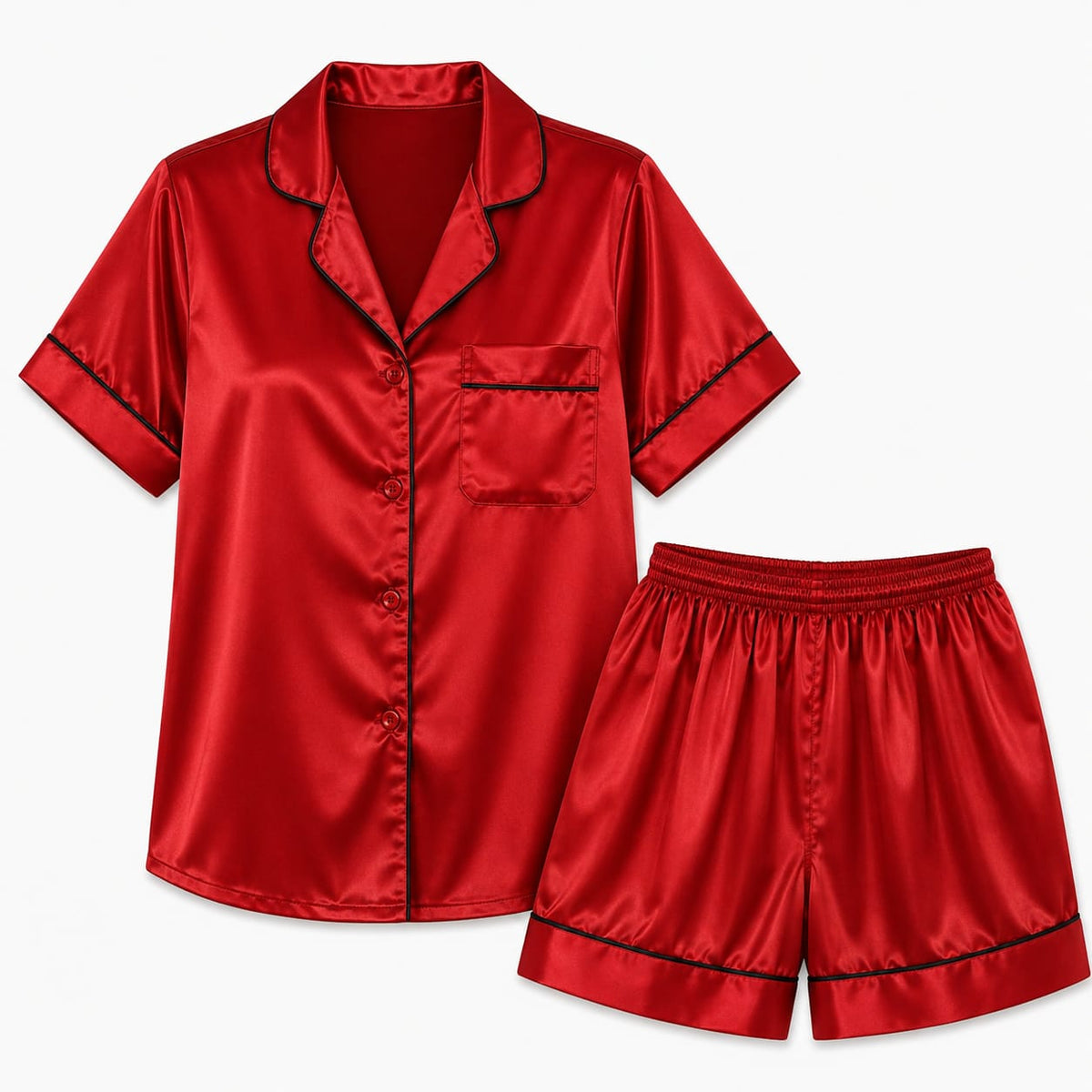 Black Piped Satin PJ Set